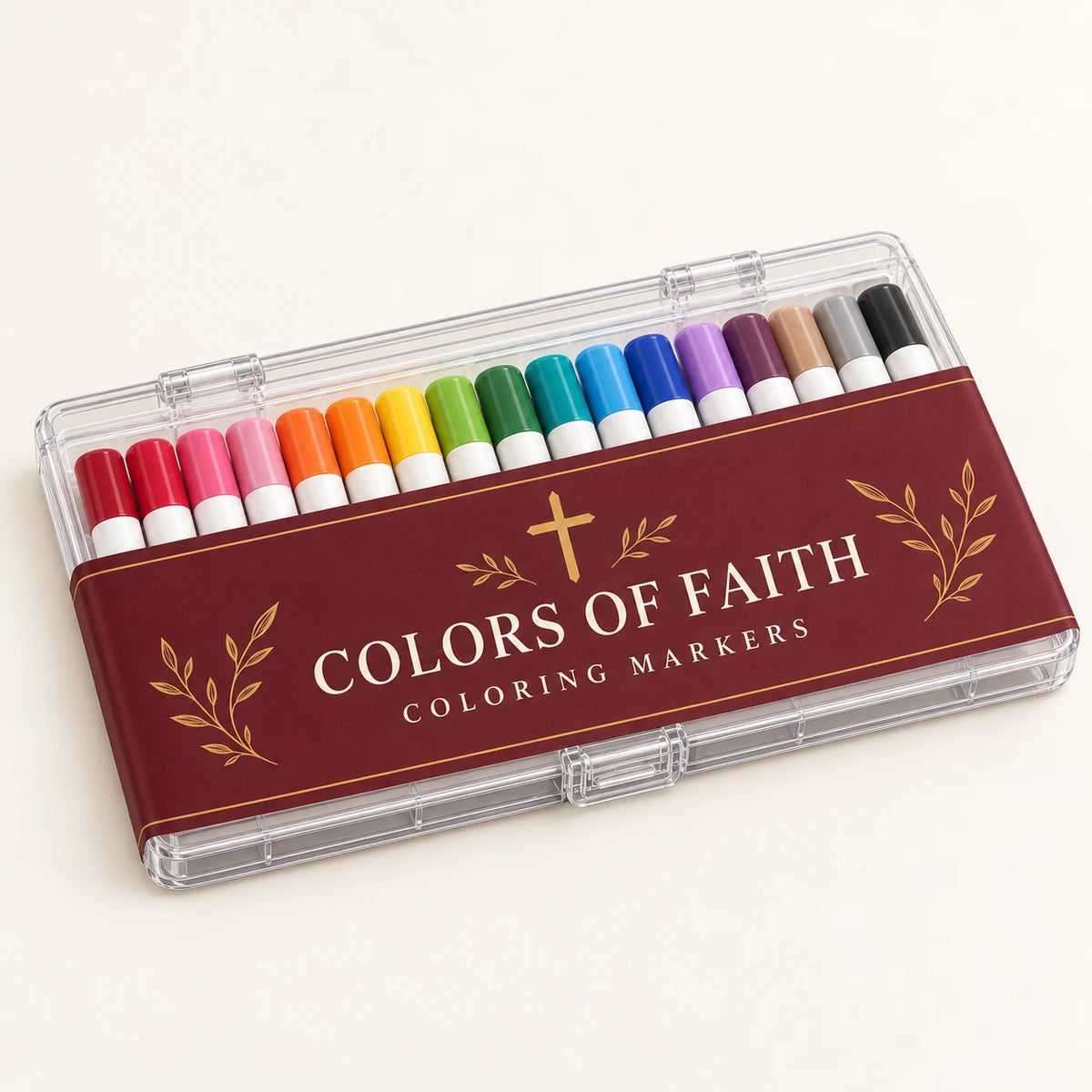 Colors of Faith coloring marker set in a clear flat case with burgundy packaging