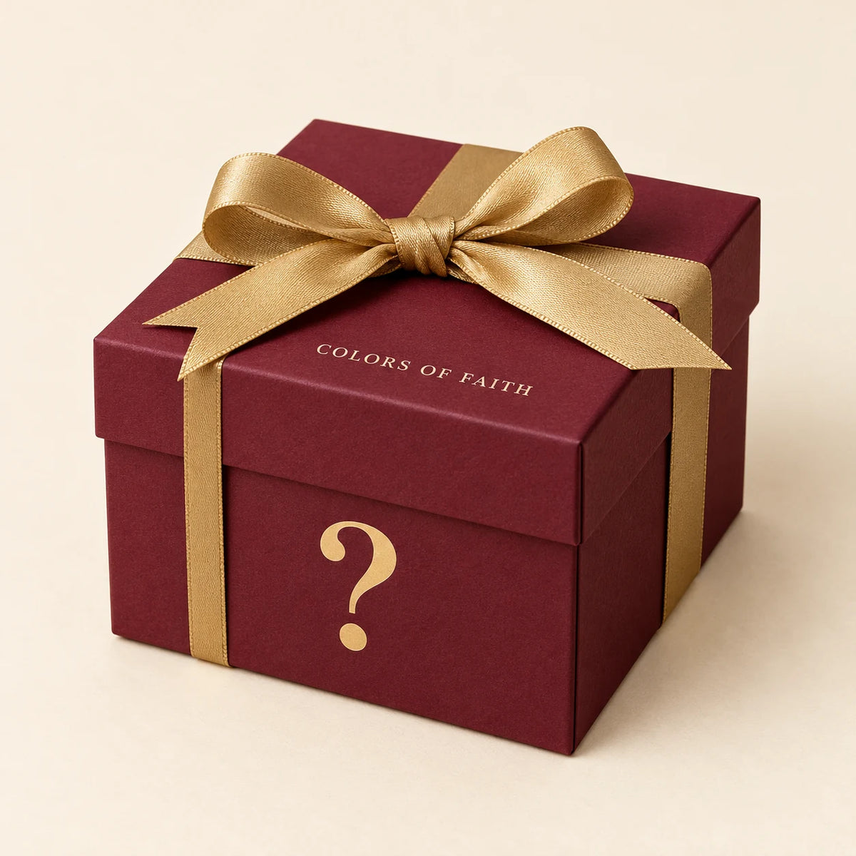 Colors of Faith burgundy mystery gift box with gold ribbon