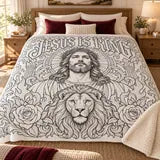 Jesus Is King coloring blanket with a folded cream sherpa corner