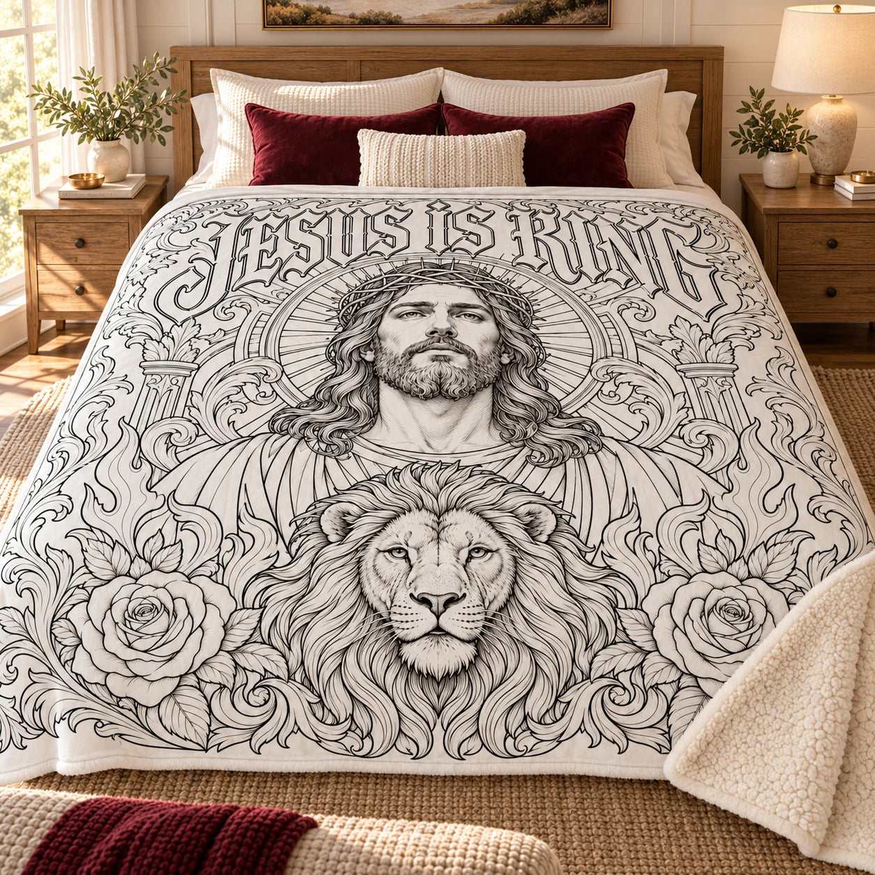 Jesus Is King coloring blanket with a folded cream sherpa corner