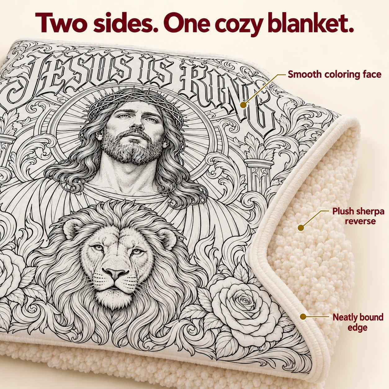 Two sides: smooth coloring face, plush sherpa reverse, neatly bound edge