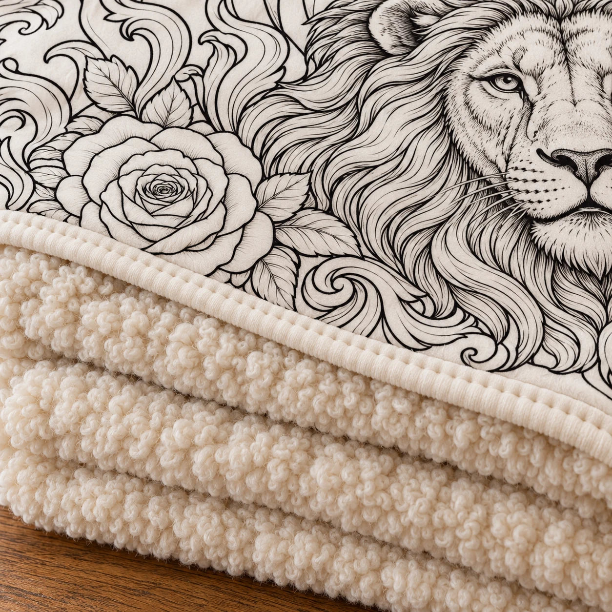 Close view of curly high-pile sherpa and stitching